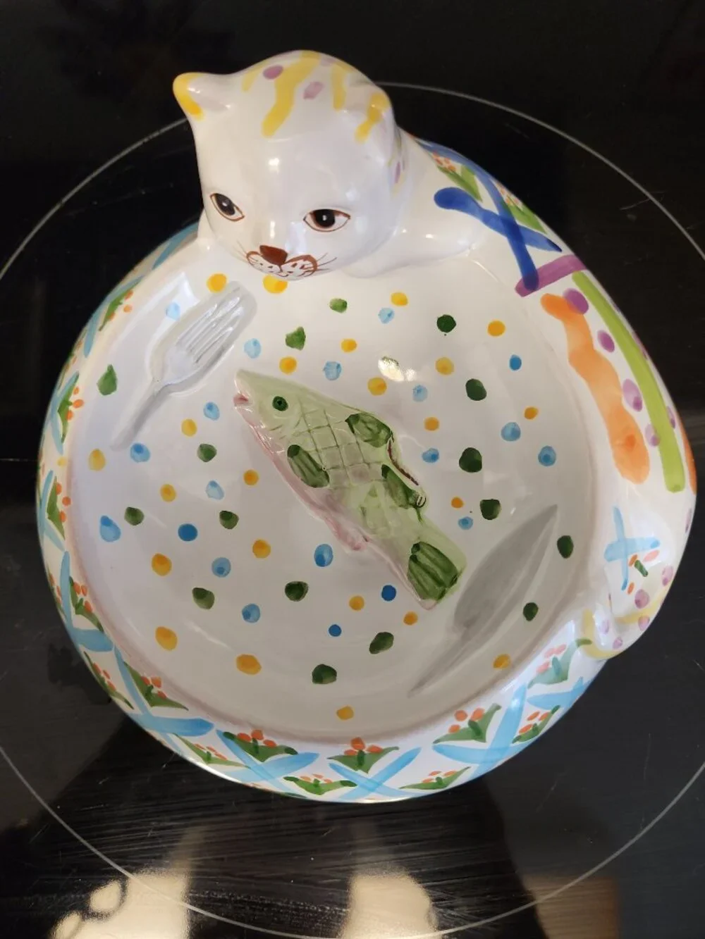 Vintage Hand Painted Cat Clay Pottery Cat Food Bowl 7